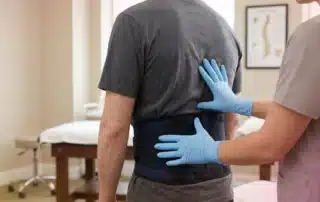 Patient undergoing posture assessment and physical therapy treatment using corrective exercises and 3D body scan technology