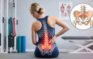 Woman experiencing lower back and pelvic pain during a posture therapy appointment, with anatomical illustrations highlighting the spine and sacroiliac area.